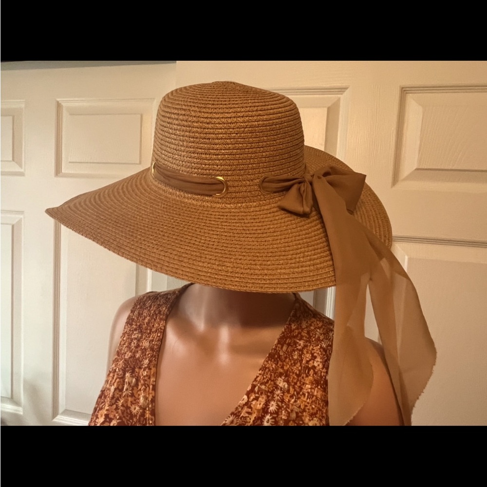 Tan Straw Hat w/ Tan Chiffon Ribbon
